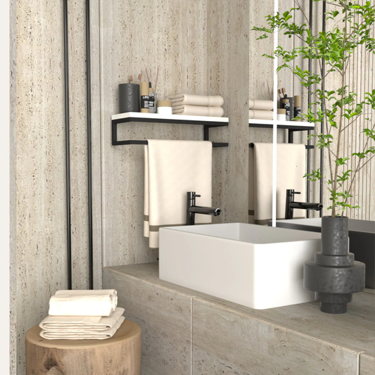 Wall Mounted Bathroom Shelf – Solid Wood with Metal Towel Bar 45x16x12 cm