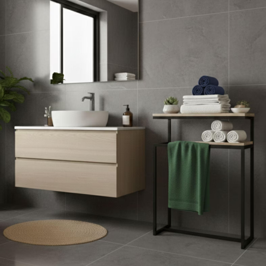 Freestanding Metal Towel Rack with Wooden Shelf for Modern Bathrooms
