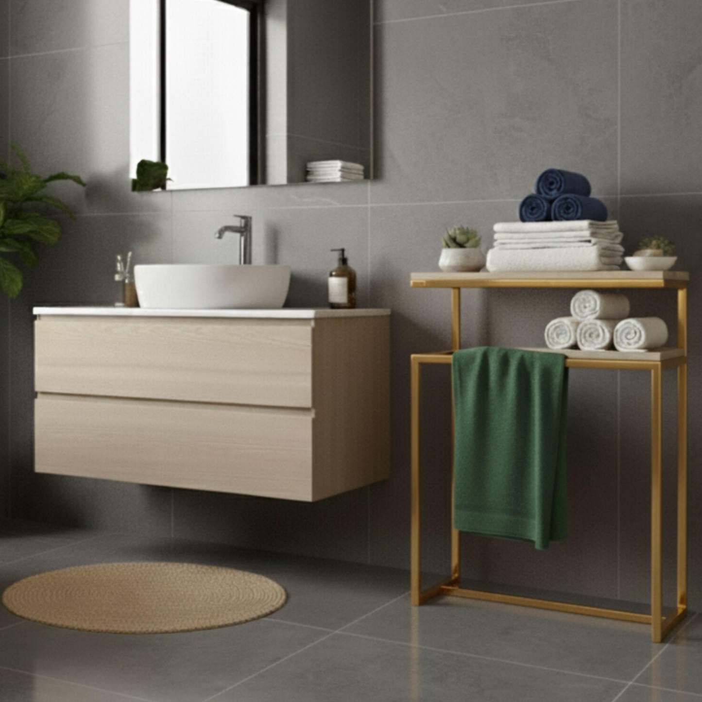 Modern Bathroom Organizer Metal Towel Rack with Wooden Shelf