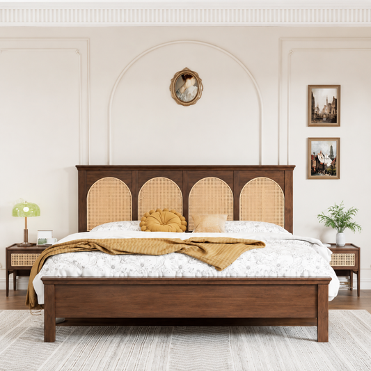 Solid Sheesham wood king size bed with rattan cane headboard