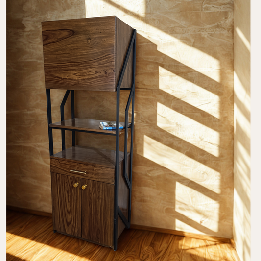 Modern Sheesham Wood & Metal Bookshelf with Storage Cabinet – Front View by Adaptivo Furniture
