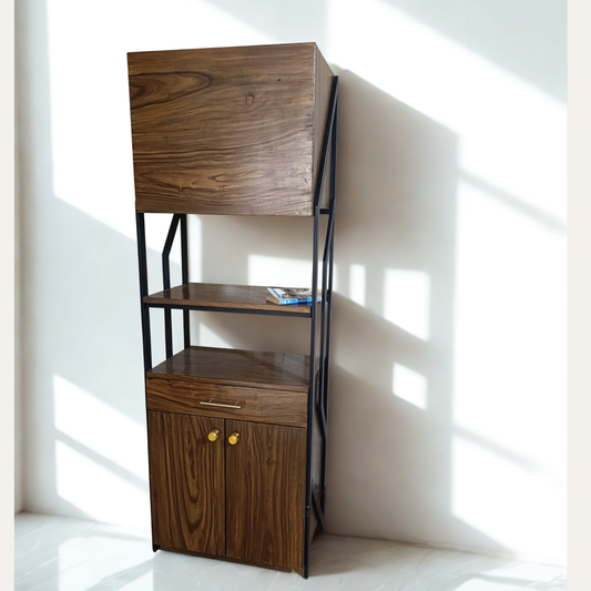 Side angle of solid Sheesham wood bookshelf with modern black metal structure and natural grain finish.