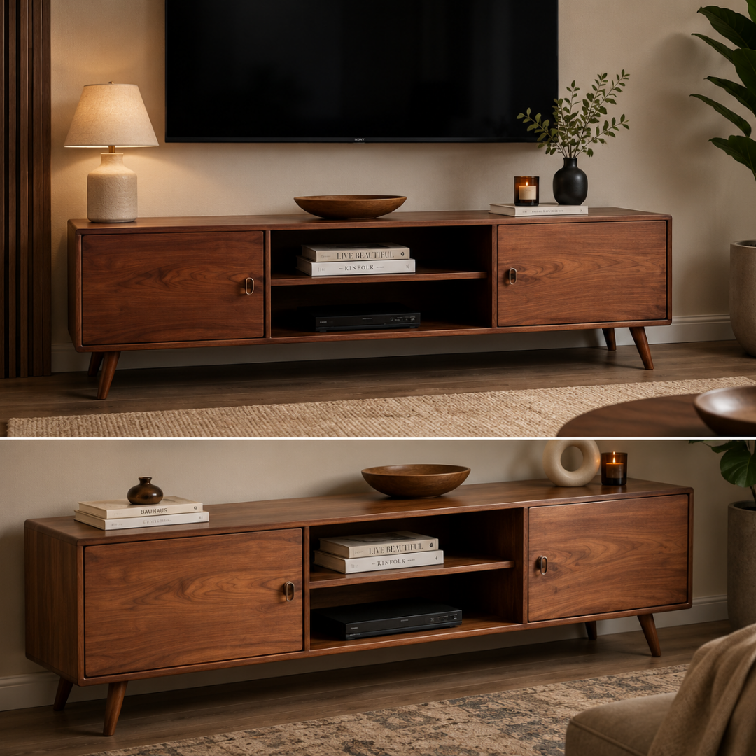 Modern Solid Sheesham Wood TV Console  Handmade Media Cabinet  Mid-Century Entertainment Unit