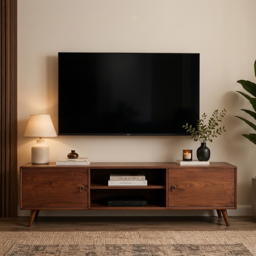 Modern Solid Sheesham Wood TV Console  Handmade Media Cabinet  Mid-Century Entertainment Unit