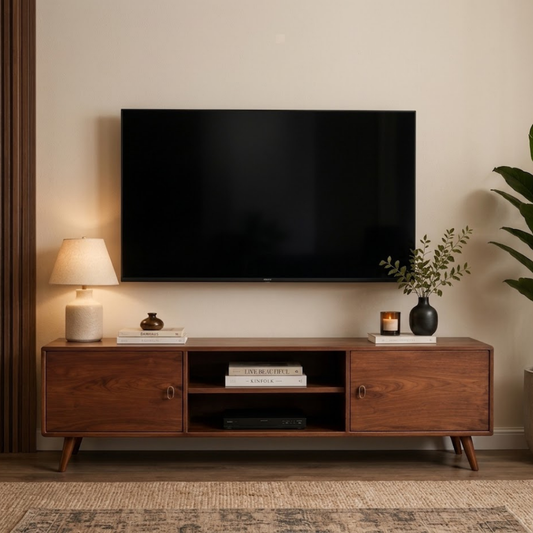 Modern Solid Sheesham Wood TV Console  Handmade Media Cabinet  Mid-Century Entertainment Unit