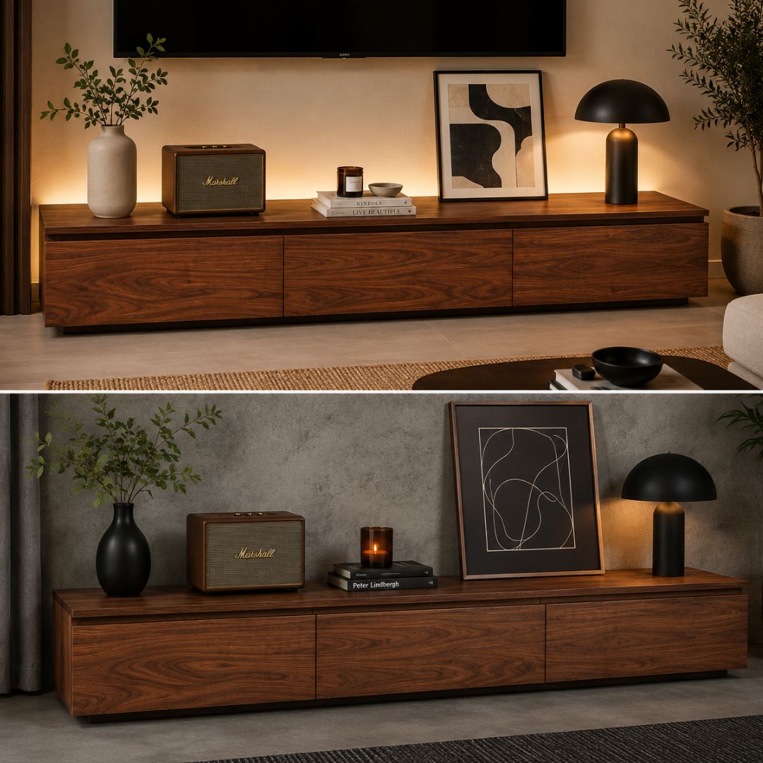 A long, low wooden TV console shown in two styled interior scenes. The console has a rich dark wood grain finish and multiple drawer fronts.