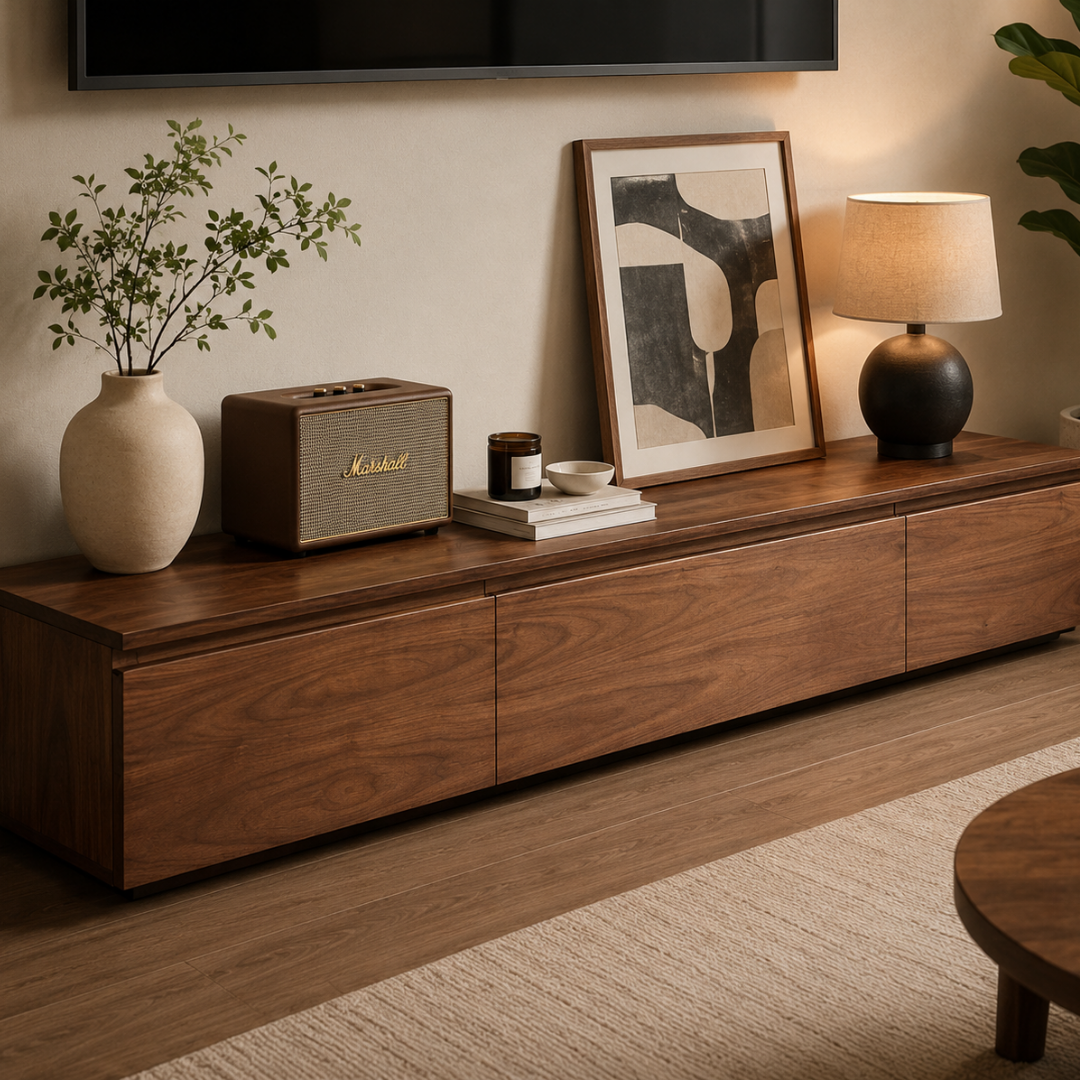 A long walnut wood TV console in a modern living room setting, styled with a Marshall speaker, a ceramic vase with greenery, a framed abstract print, a table lamp, and books.