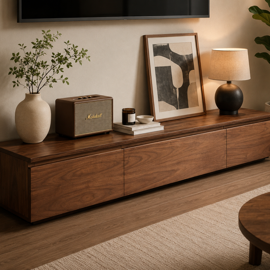 A long walnut wood TV console in a modern living room setting, styled with a Marshall speaker, a ceramic vase with greenery, a framed abstract print, a table lamp, and books.