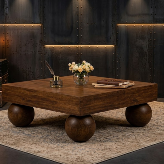 Modern Square Sheesham Wood Coffee Table with Sphere Legs | Solid Wood Centre Table | Adaptivo Furniture