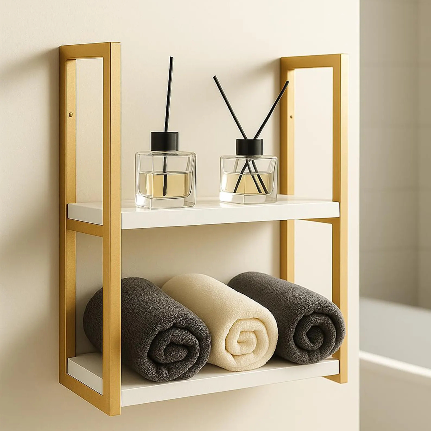 Modern wall mounted metal and wood towel shelf bathroom