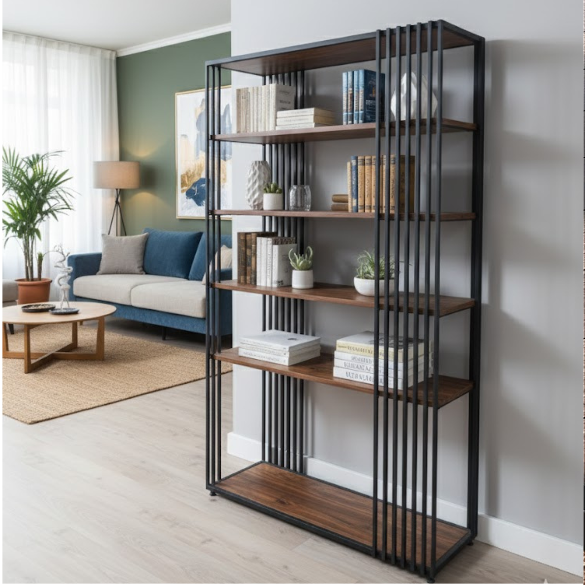 Modern Metal Bookshelf with 5 Wooden Shelves – Industrial Open Storage Rack for Living Room & Office | Adaptivo Furniture