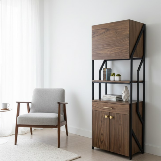 Modern Sheesham Wood & Metal Bookshelf with Storage Cabinet – Industrial Tall Storage Shelf | Adaptivo Furniture