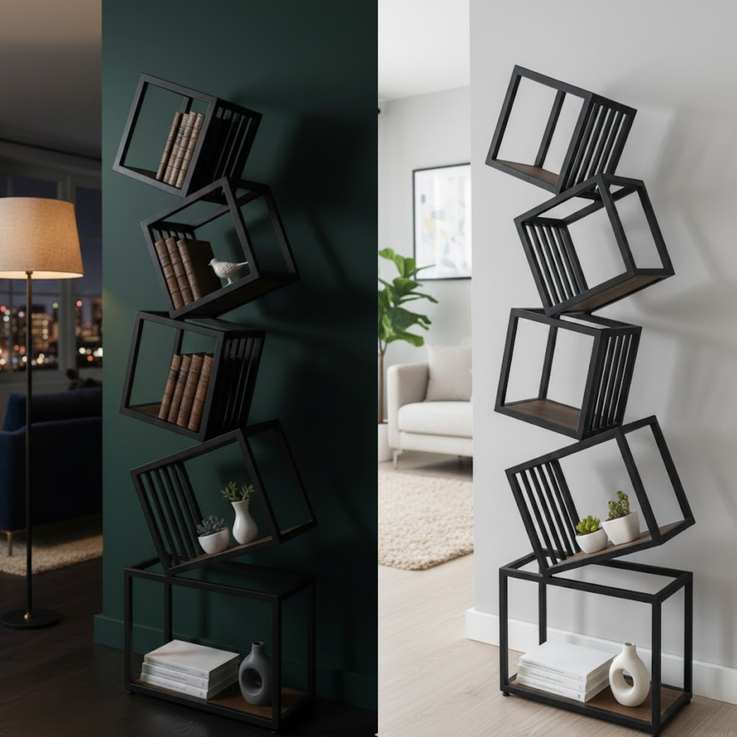 5-tier black metal geometric bookshelf – modern industrial shelving unit for home or office | Adaptivo Furniture