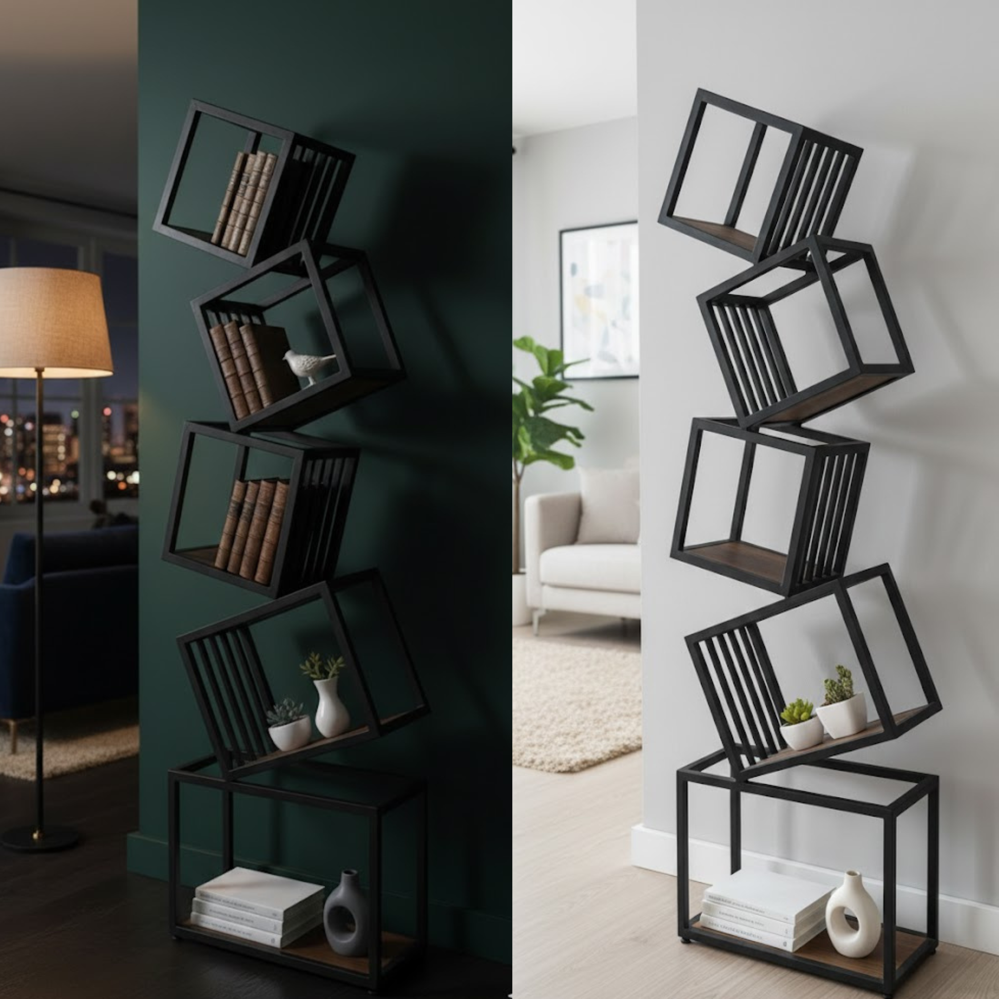 5-tier black metal geometric bookshelf – modern industrial shelving unit for home or office | Adaptivo Furniture