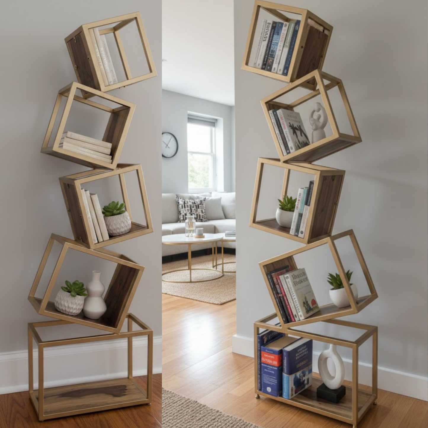 5-tier bookshelf, metal bookshelf, geometric shelf, modern bookshelf, industrial shelf, black bookshelf, home décor shelf, office storage, living room shelf, Adaptivo Furniture