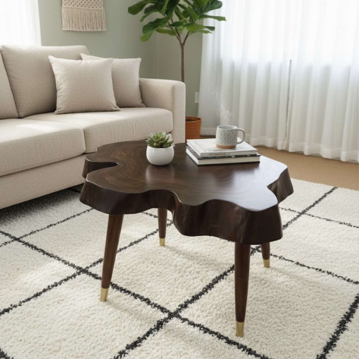 Rustic live edge Sheesham wood coffee table with brass tip legs – solid wood center table | Adaptivo Furniture