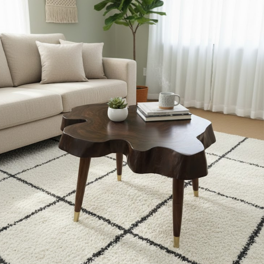 Rustic live edge Sheesham wood coffee table with brass tip legs – solid wood center table | Adaptivo Furniture