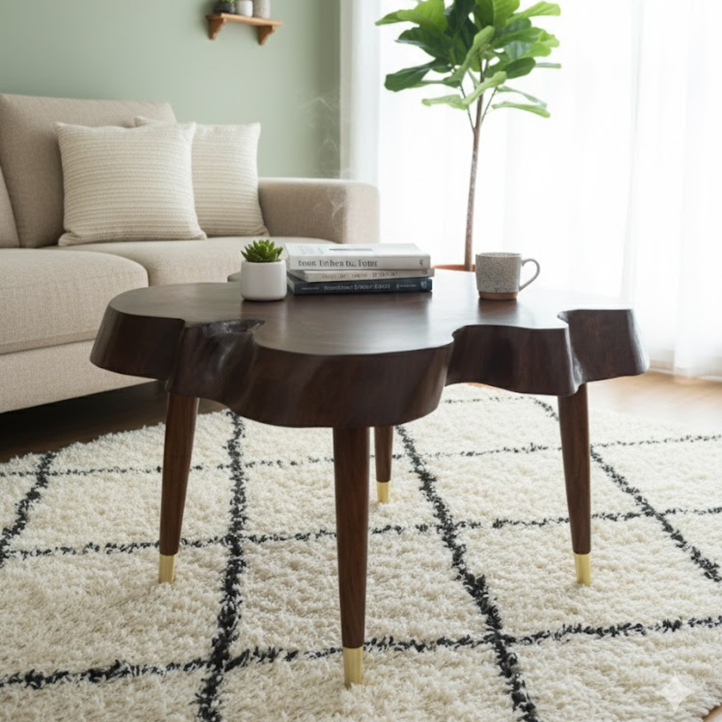 Side angle of rustic Sheesham wood coffee table with metal legs and brass tips – modern living room furniture | Adaptivo Furniture