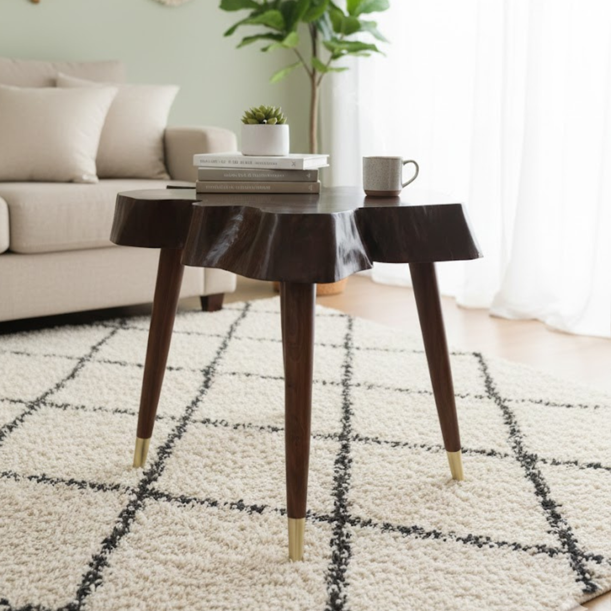 Top view of live edge Sheesham wood coffee table showing natural grain and brass capped legs | Adaptivo Furniture