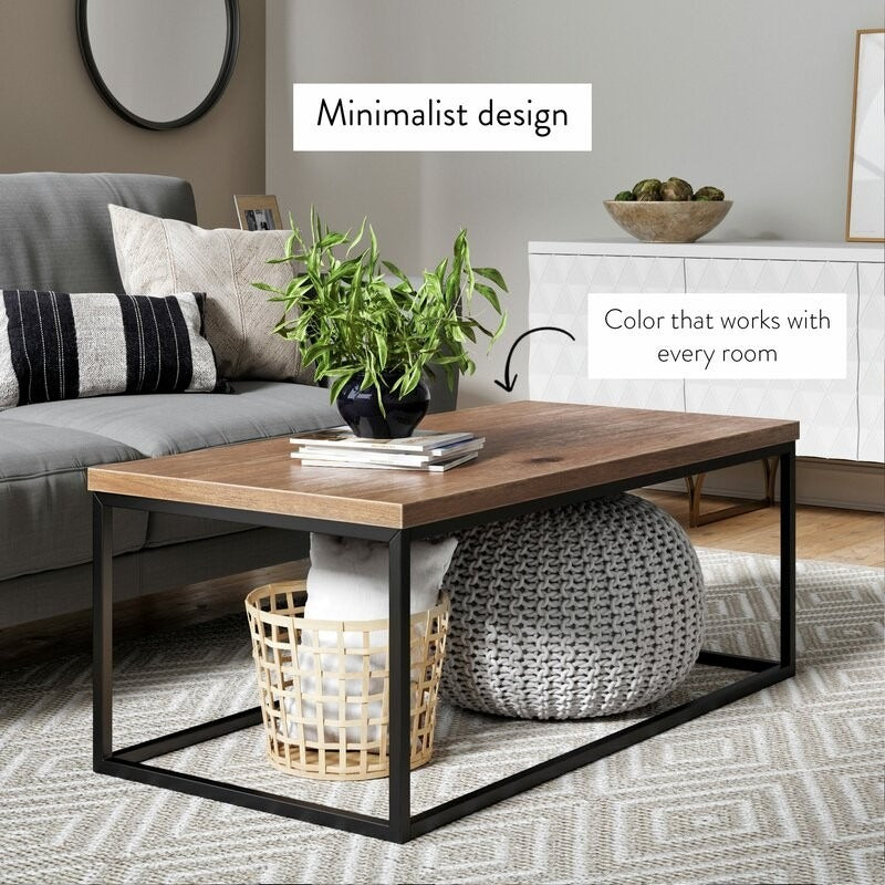 Modern living room featuring rectangular Sheesham and metal center table