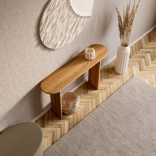 Close-up of Sheesham wood grain and handcrafted finish on Natural Minimalist Console Table