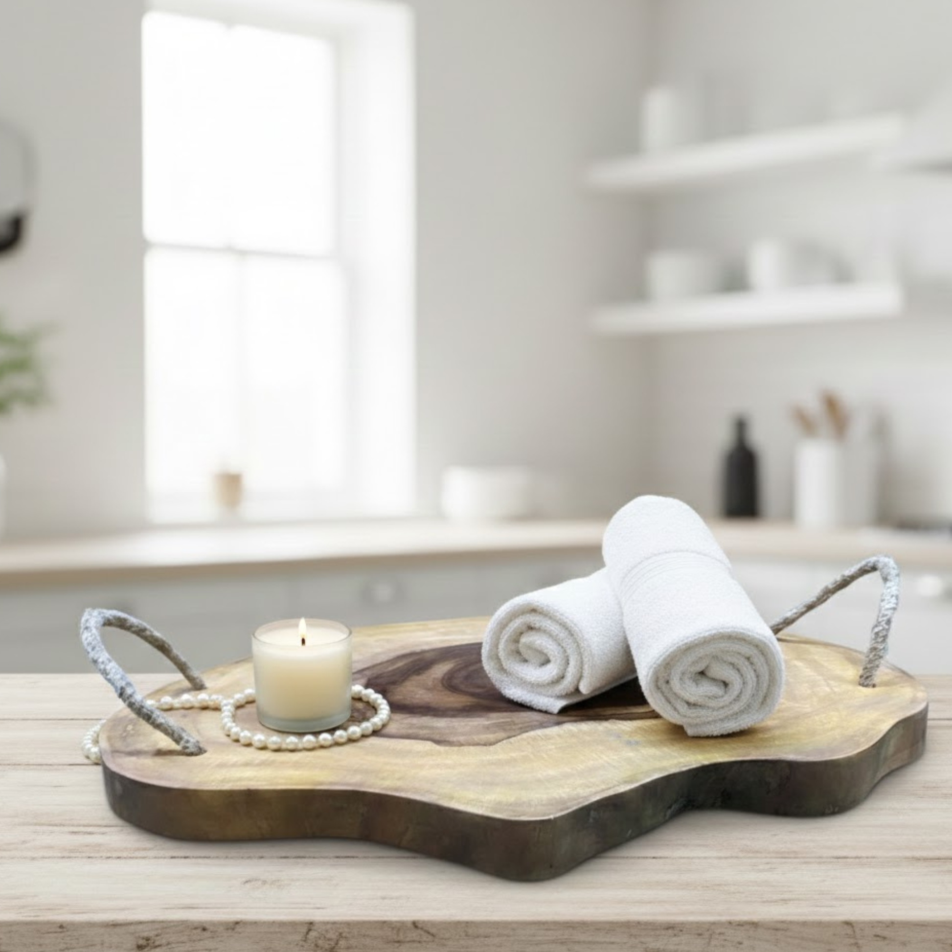 Close-up of natural Sheesham wood grain with live edge finish and rope handles, handmade rustic wooden tray for tea, coffee, breakfast and farmhouse décor styling.