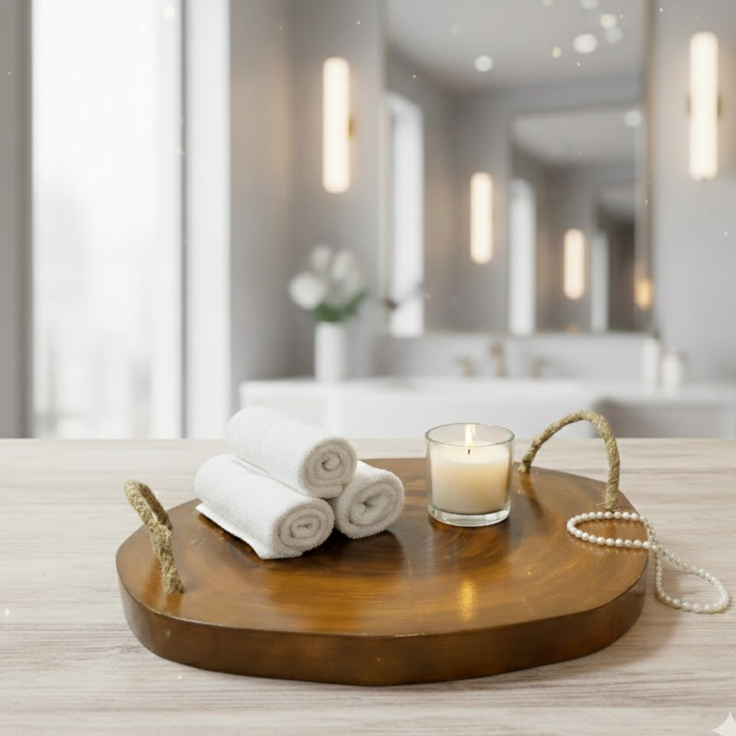 Rustic live edge Sheesham wood serving tray with rope handles, handcrafted solid wood tray by Adaptivo Furniture, natural wooden serving tray
