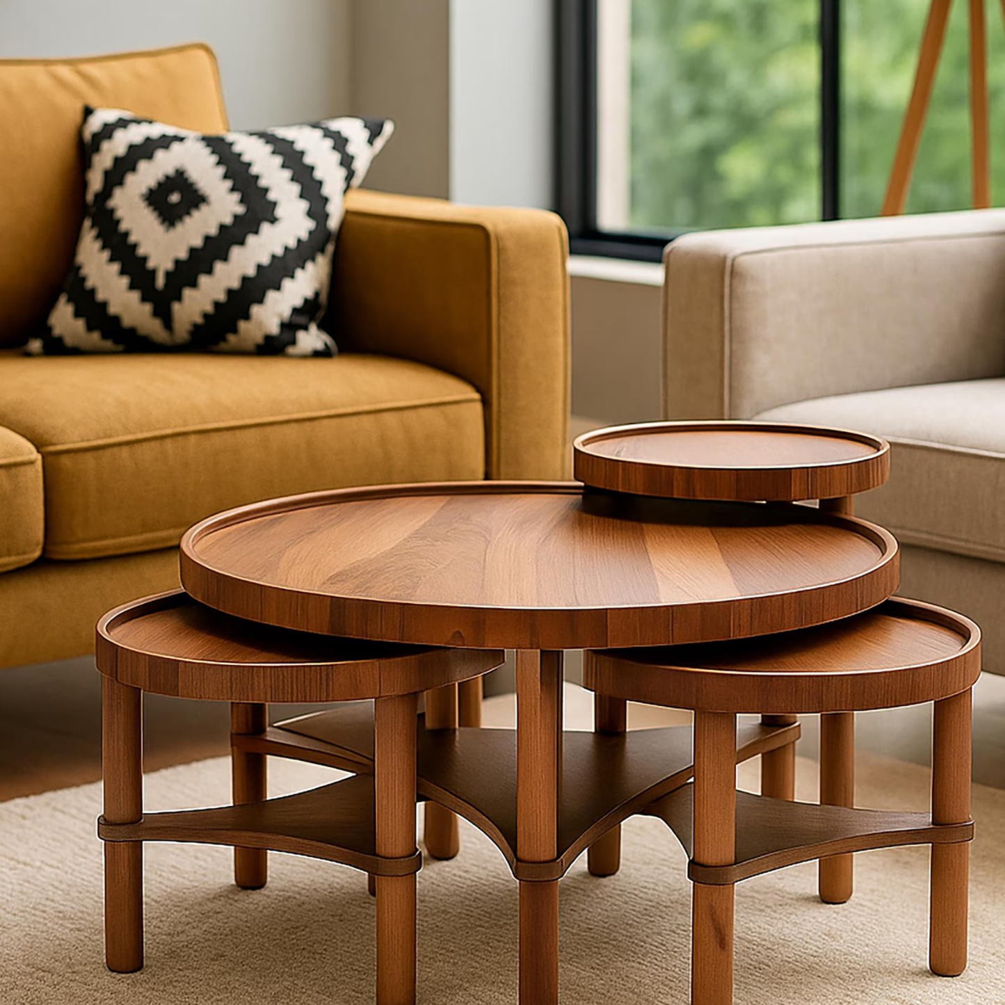 Sheesham Wood Nesting Coffee Table Set – Modern Swivel Living Room Furniture by Adaptivo Furniture