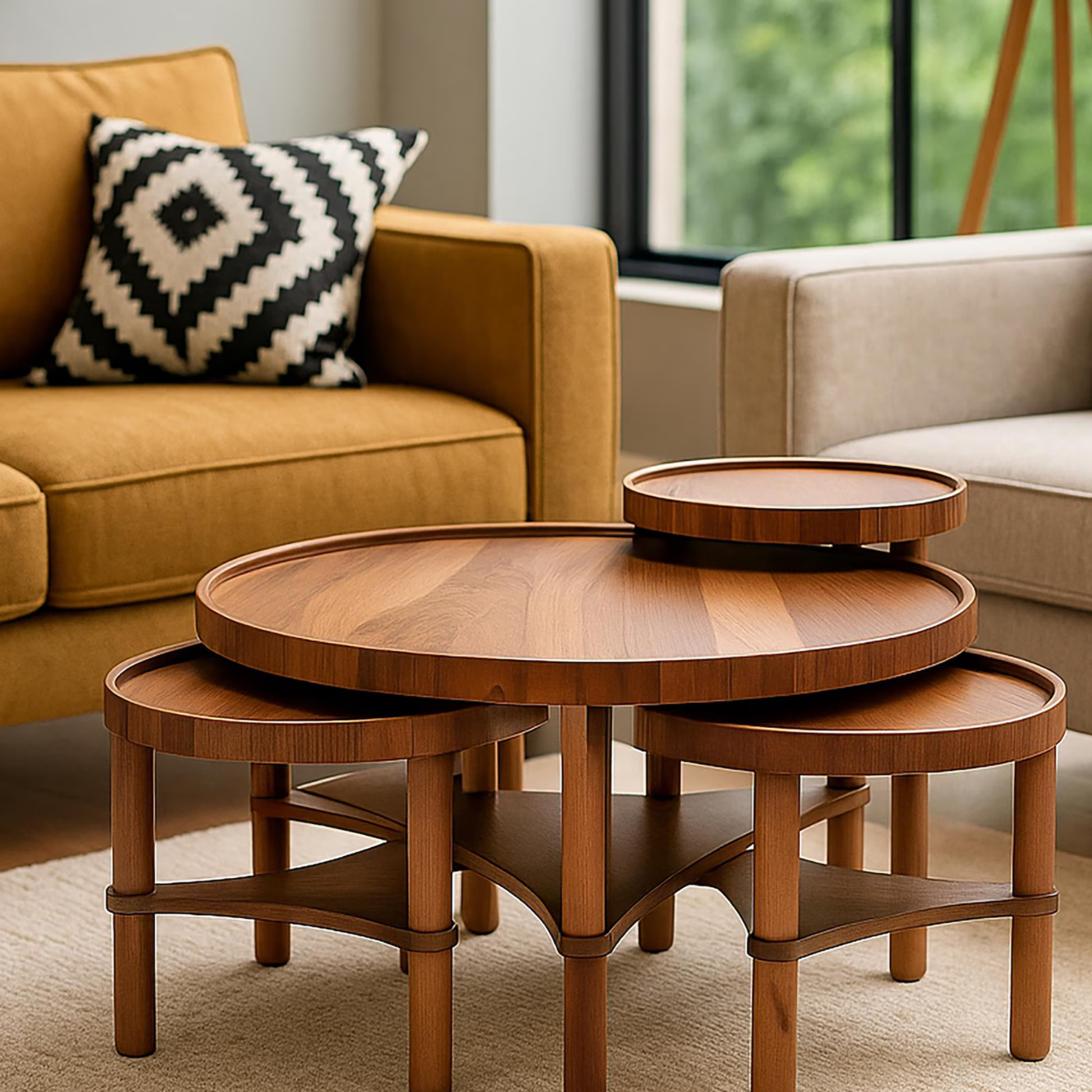Sheesham Wood Nesting Coffee Table Set – Modern Swivel Living Room Furniture by Adaptivo Furniture