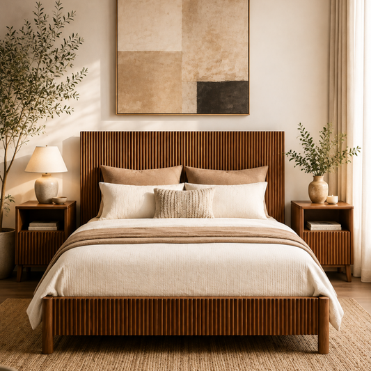 Pure Sheesham Wood Fluted King Size Bed with Matching Side Tables