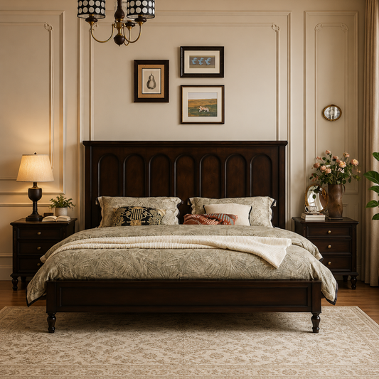 A traditional dark wood bed frame with an arched headboard and matching footboard, styled in a classic bedroom with beige walls, nightstands, a chandelier, and floral accents.
