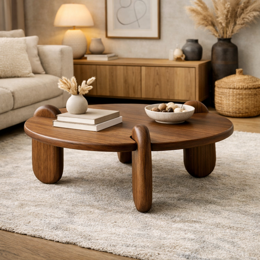 Wooden coffee table in a living room setting with decor items on top