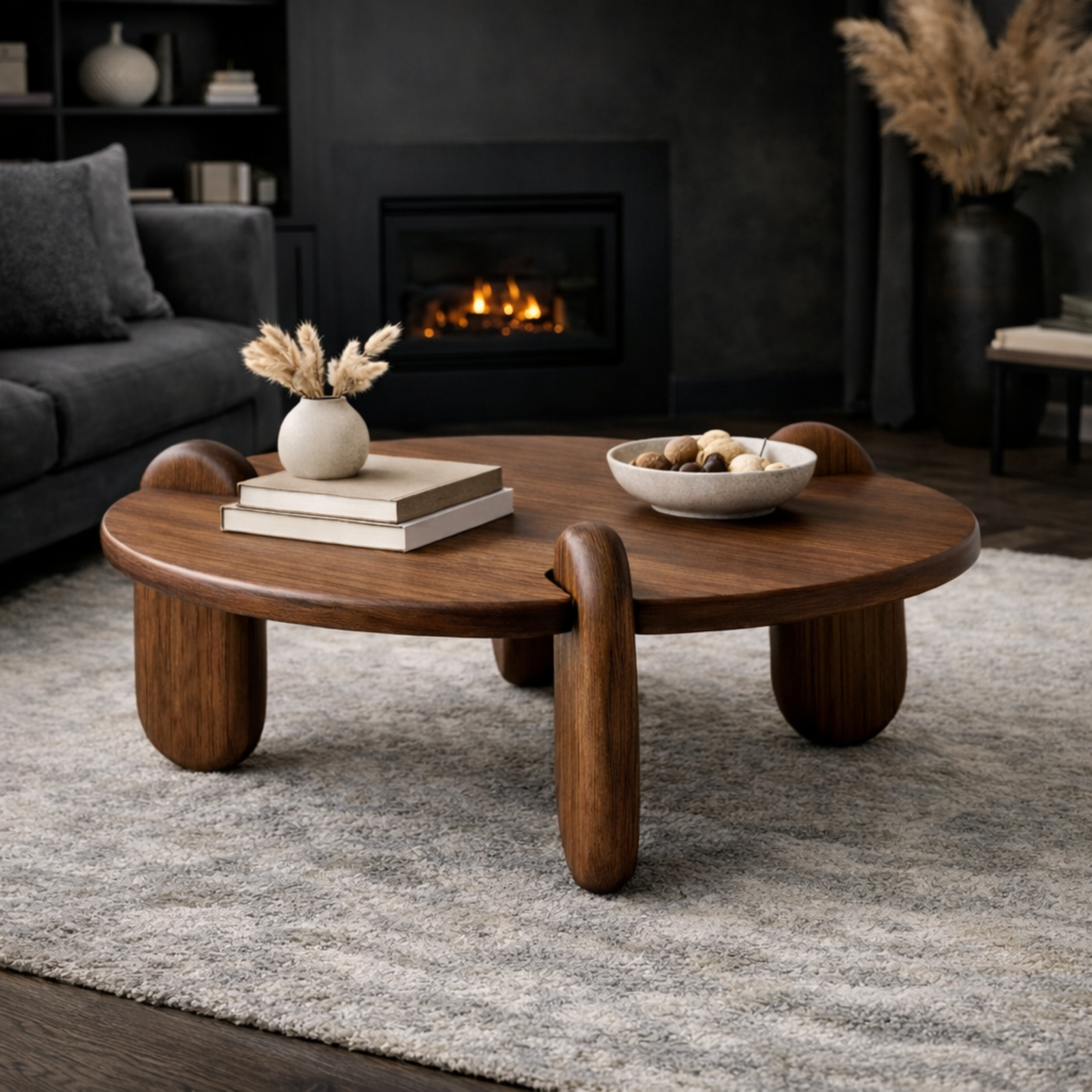 Wooden coffee table in a living room with books and a vase on top, near a fireplace.