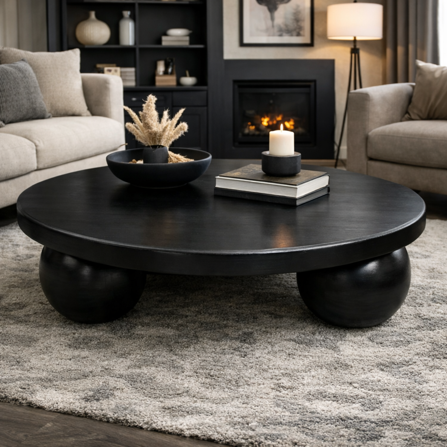 Black coffee table in a living room with decor items on top
