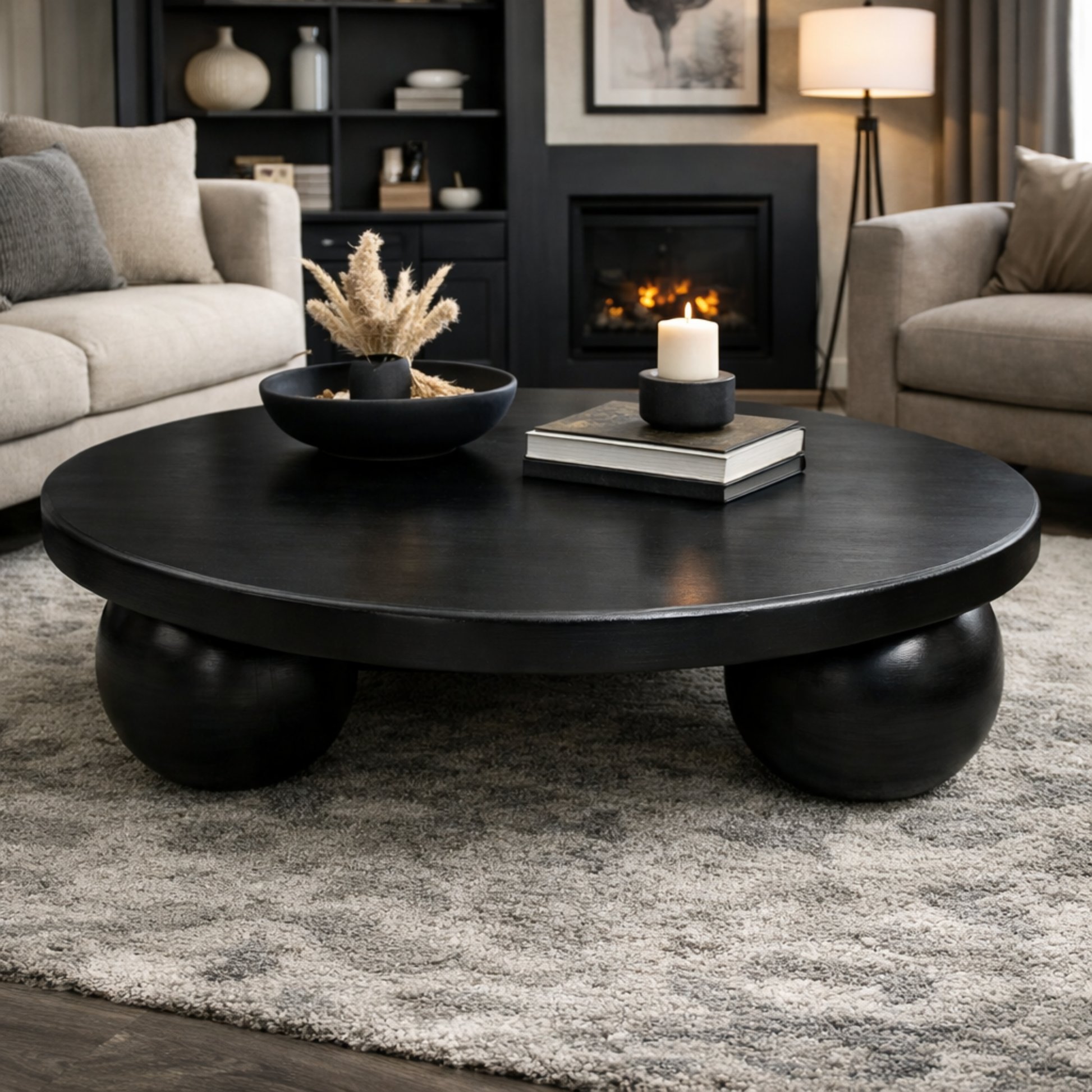 Black coffee table in a living room with decor items on top