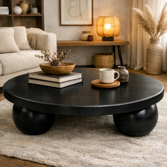 Black round coffee table in a living room setting with books, a mug, and decorative items.