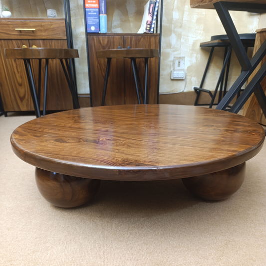 Round solid sheesham wood low coffee table 36 inch handcrafted design
