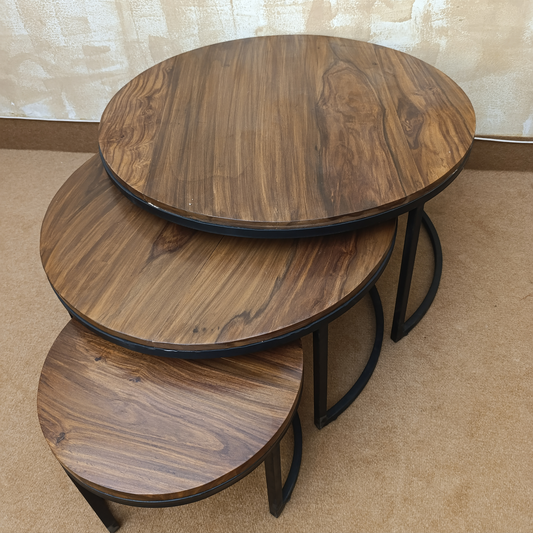 Round Large Coffee Table Set of 3 – Wooden & Metal Nesting Tables by Adaptivo Furniture