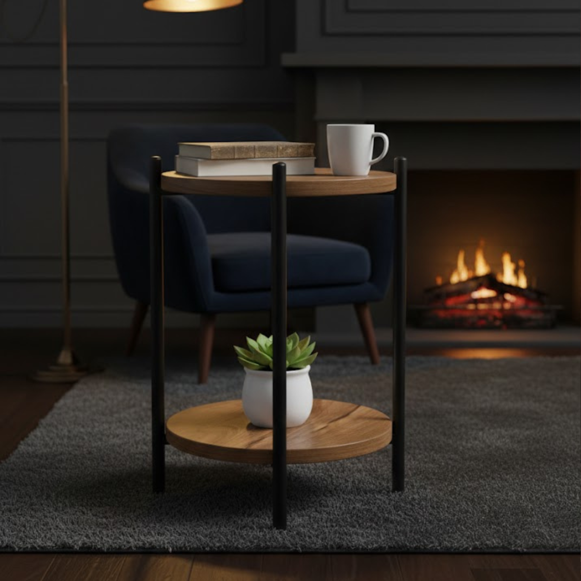 Top and side view of round Sheesham wood 2-tier side table with metal frame – living room furniture | Adaptivo Furniture