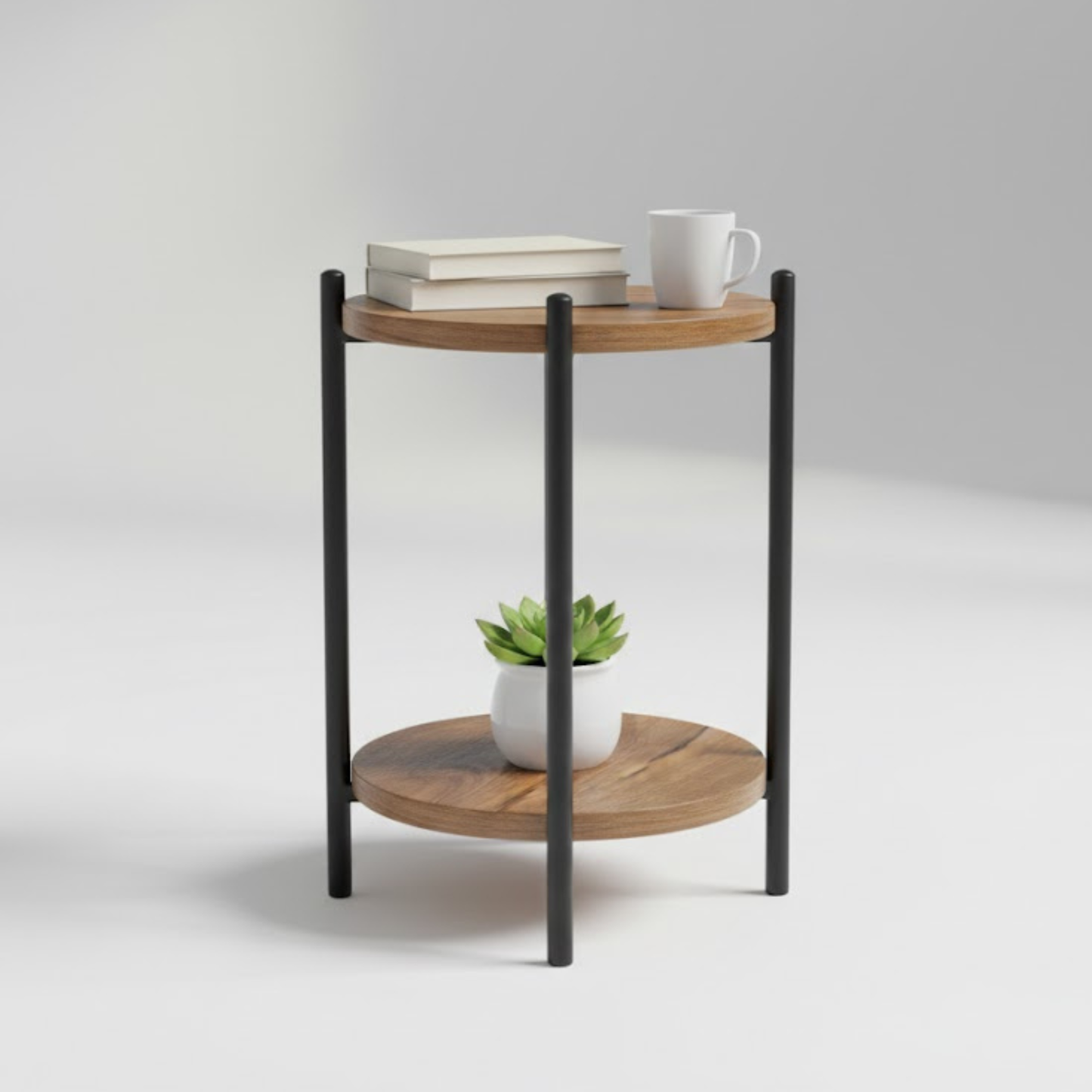 Round Sheesham wood and metal 2-tier side table – modern industrial accent table | Adaptivo Furniture