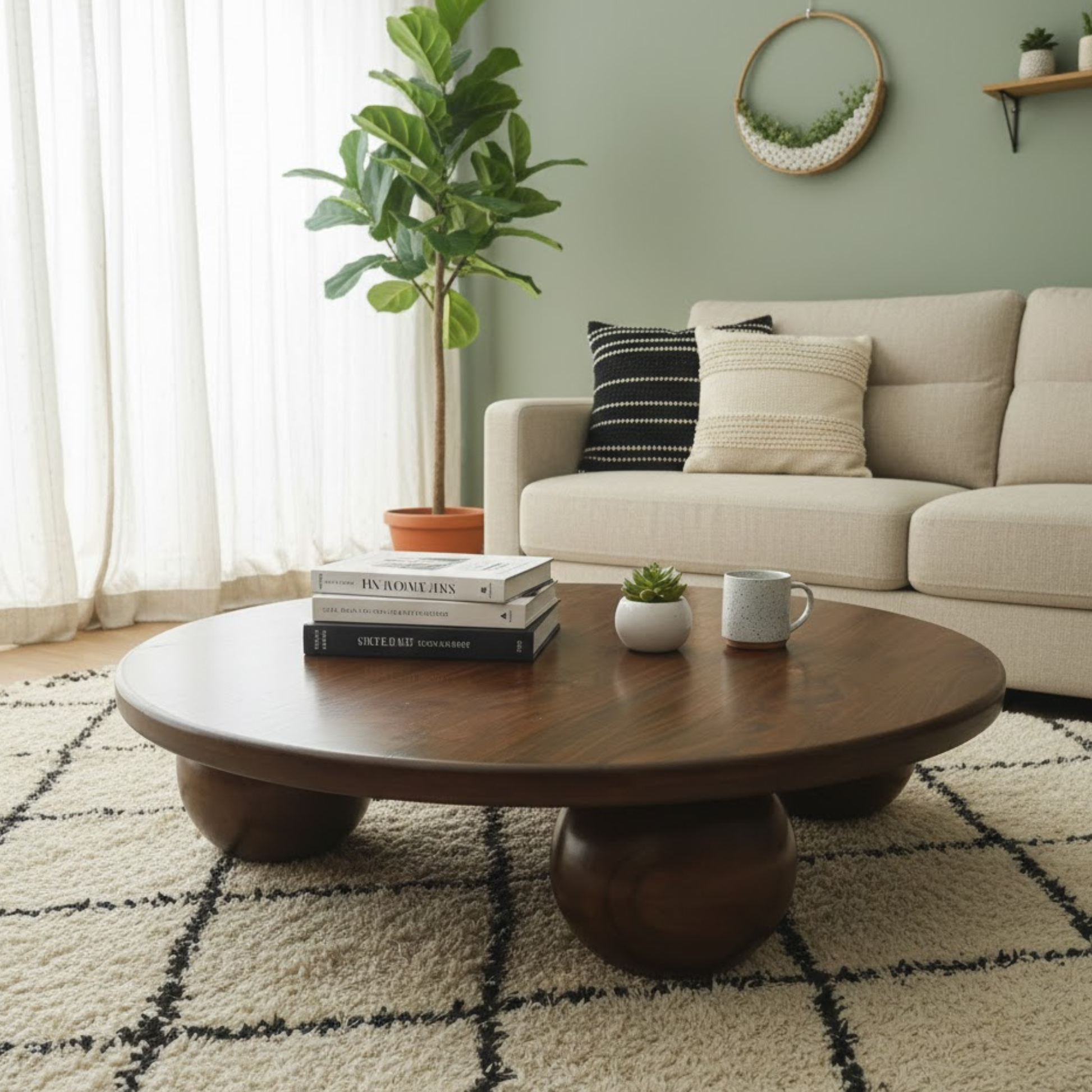 Minimal modern living room with round Sheesham wood coffee table, low center table styling idea, contemporary UK home décor furniture by Adaptivo Furniture.
