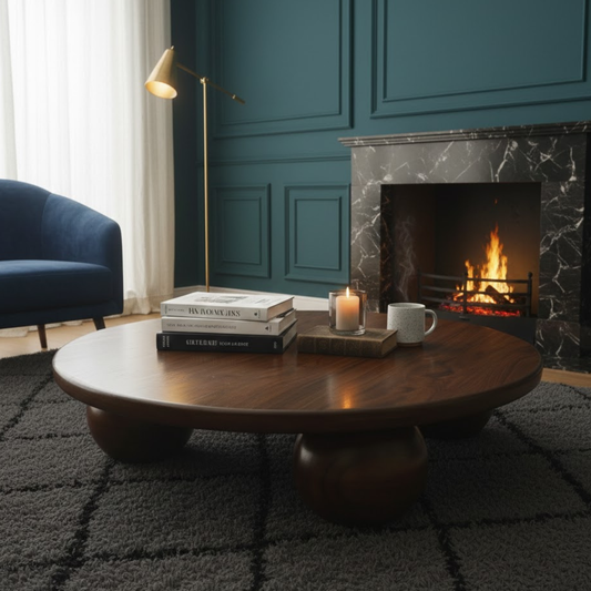 Solid Sheesham wood grain detail, handcrafted round wooden coffee table, premium natural finish modern low height table for minimalist interiors