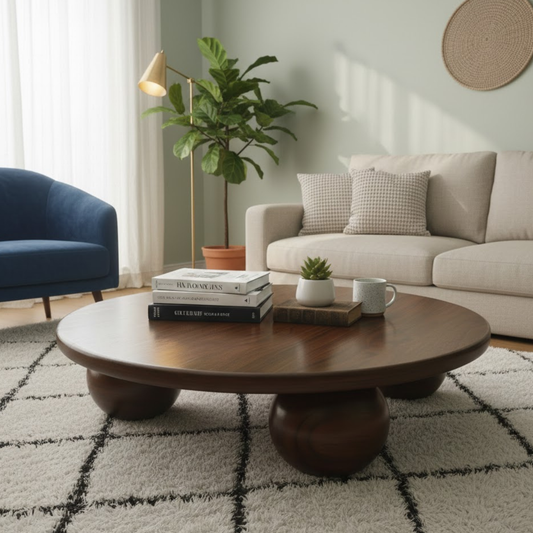 Round solid Sheesham wood low coffee table by Adaptivo Furniture, minimal modern design center table for living room, handcrafted wooden round coffee table