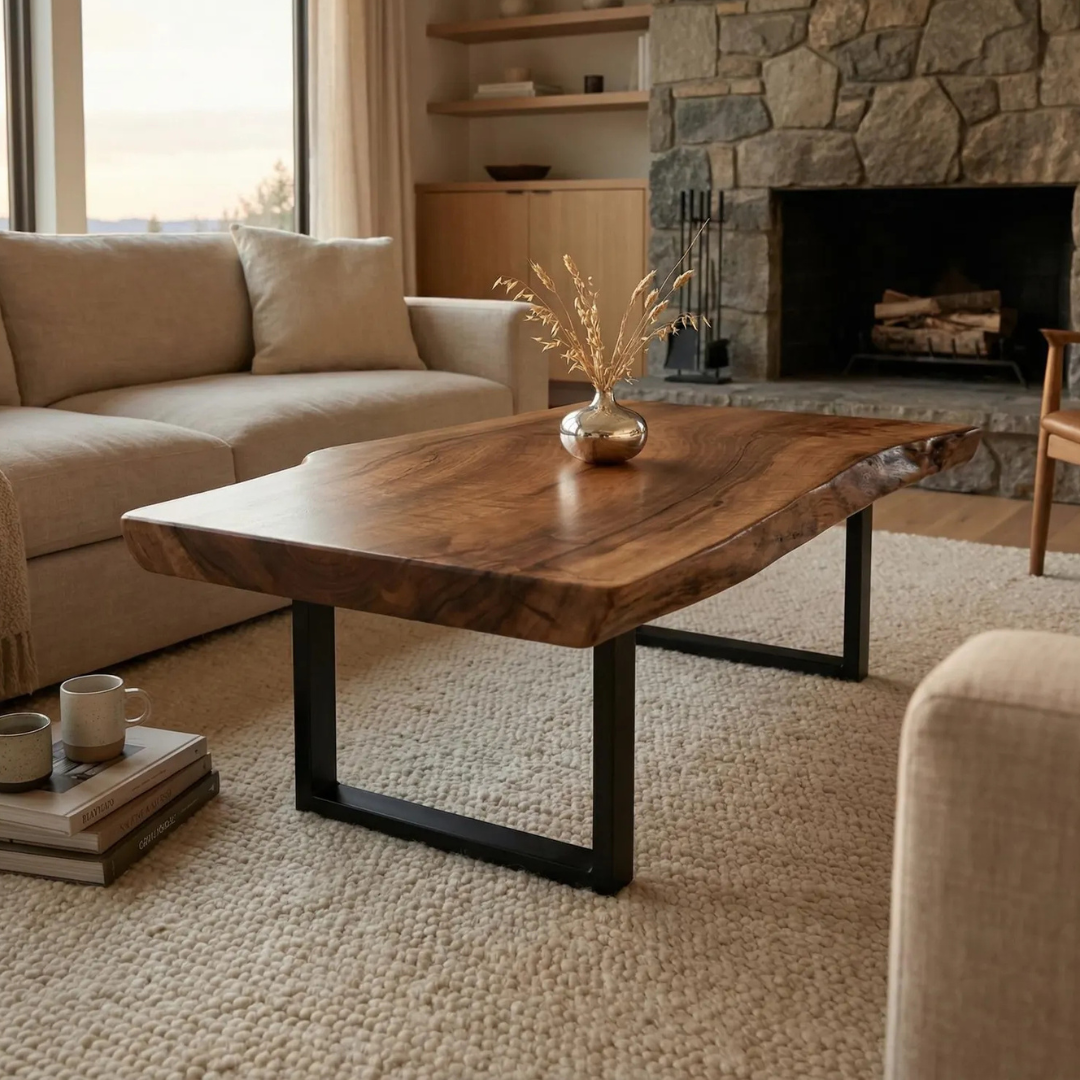 Rustic Live Edge Coffee Table | Solid Sheesham Wood Handmade Center Table | Natural Wood Living Room Table