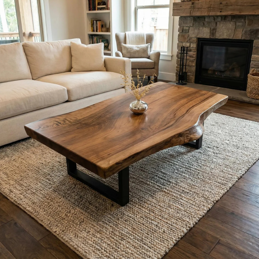 Rustic Live Edge Coffee Table | Solid Sheesham Wood Handmade Center Table | Natural Wood Living Room Table