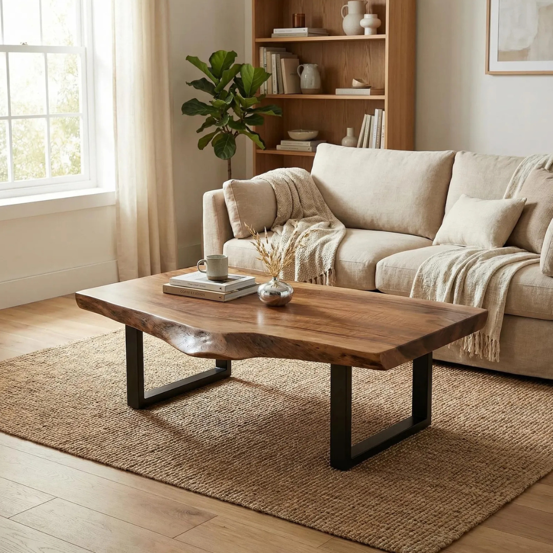 Rustic Live Edge Coffee Table | Solid Sheesham Wood Handmade Center Table | Natural Wood Living Room Table