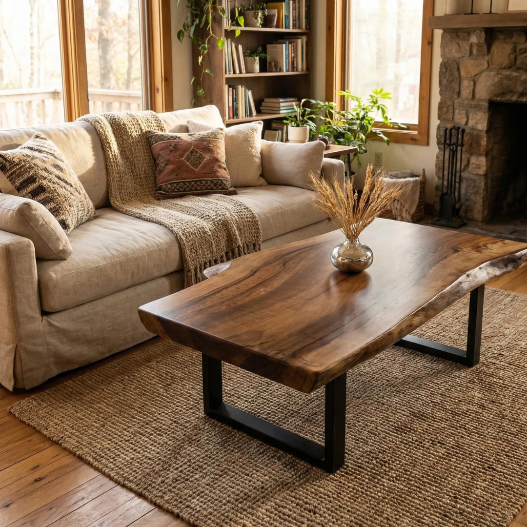 Rustic Live Edge Coffee Table | Solid Sheesham Wood Handmade Center Table | Natural Wood Living Room Table