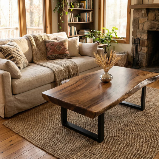Rustic Live Edge Coffee Table | Solid Sheesham Wood Handmade Center Table | Natural Wood Living Room Table