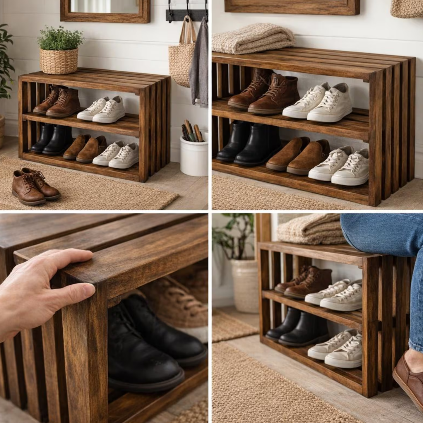 Rustic Sheesham wood 2-tier shoe rack bench styled in a modern entryway with shoes and home décor, offering practical storage and timeless elegance.