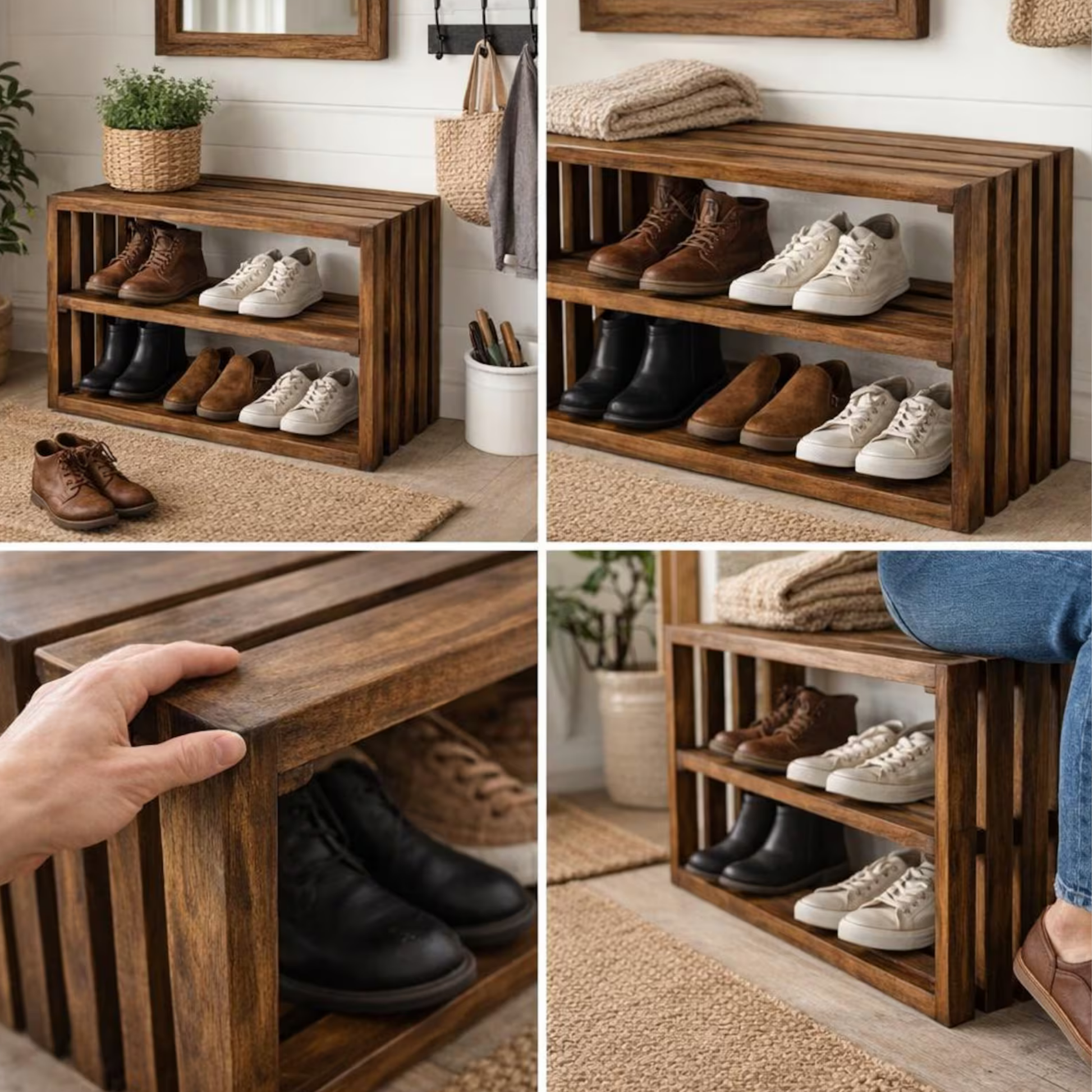 Rustic Sheesham wood 2-tier shoe rack bench styled in a modern entryway with shoes and home décor, offering practical storage and timeless elegance.